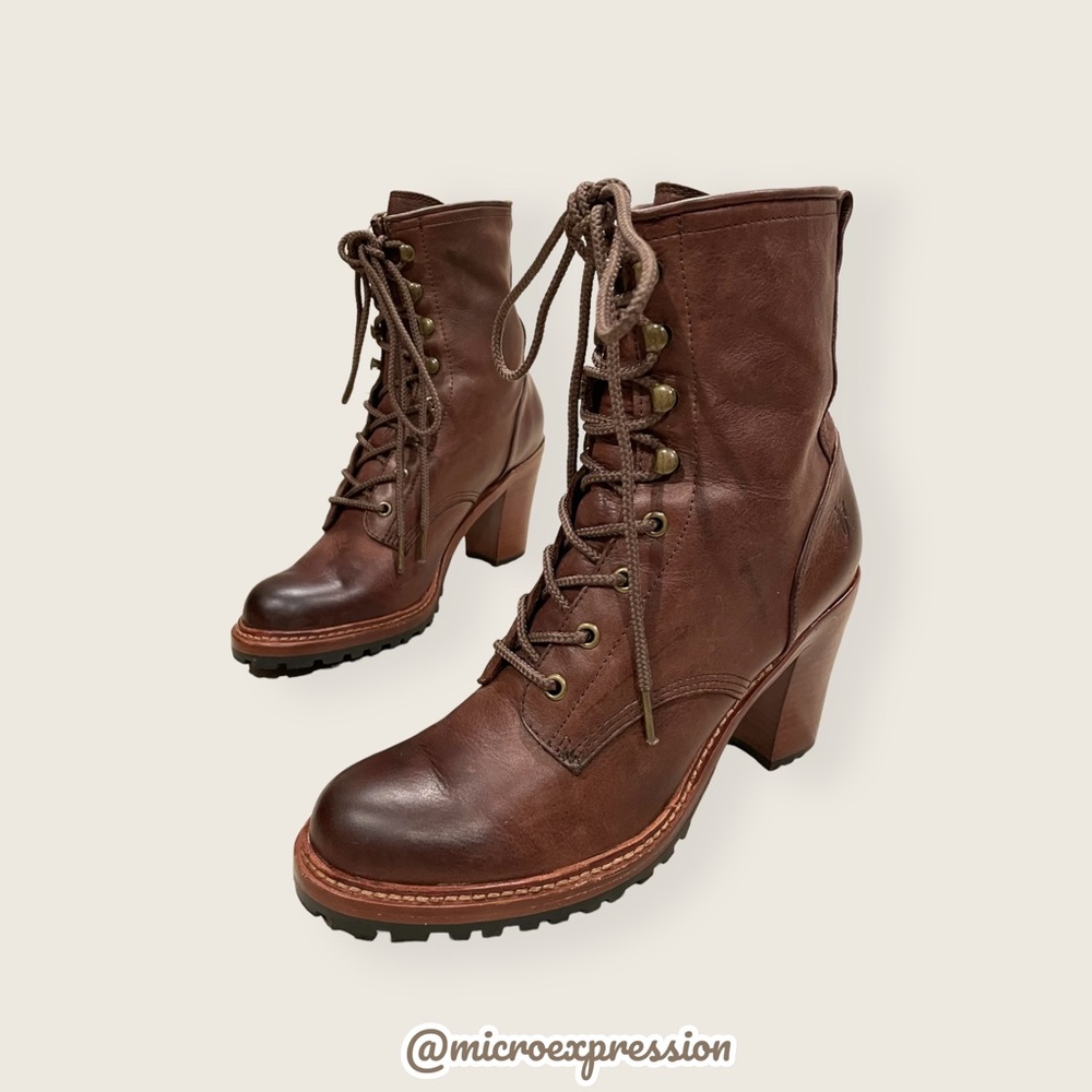 $498 Frye Lucy Vintage Lace-Up Distressed Cognac Brown Leather Heeled Ankle Boot - Picture 5 of 11